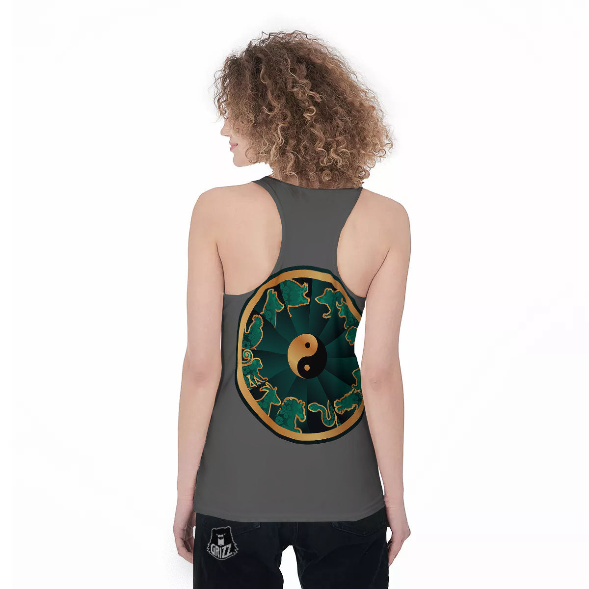 Chinese Zodiac Gold And Green Print Women's Racerback Tank Top-grizzshop