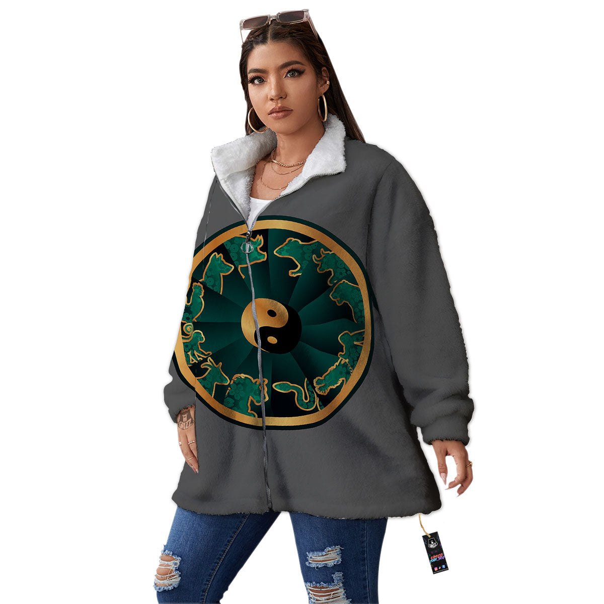 Chinese Zodiac Gold And Green Print Women's Sherpa Jacket-grizzshop