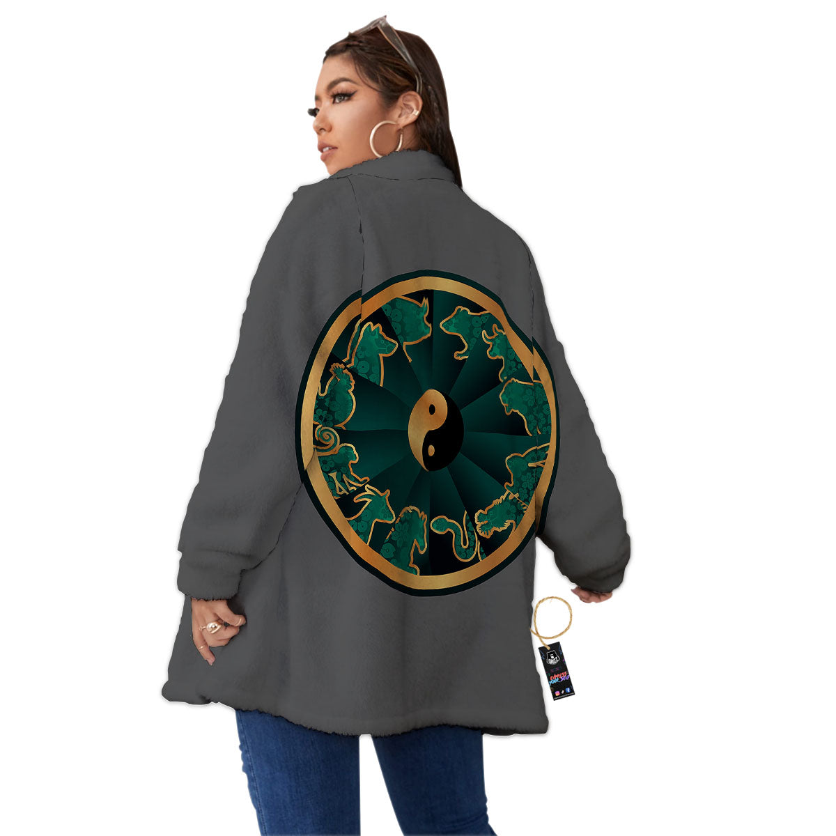 Chinese Zodiac Gold And Green Print Women's Sherpa Jacket-grizzshop