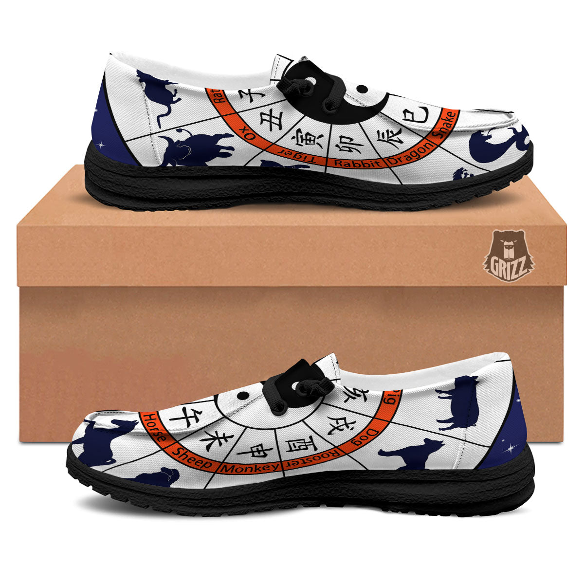 Chinese Zodiac Signs Yin Yang Print Black Loafers-grizzshop