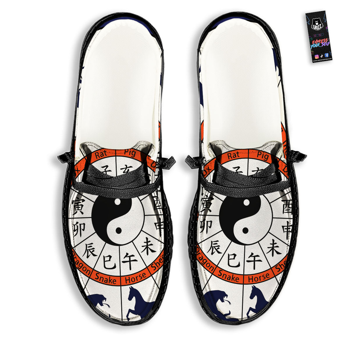 Chinese Zodiac Signs Yin Yang Print Black Loafers-grizzshop