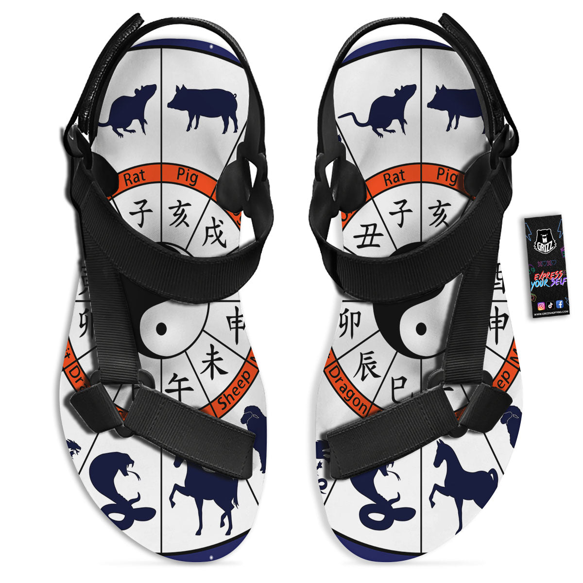 Chinese Zodiac Signs Yin Yang Print Black Open Toe Sandals-grizzshop