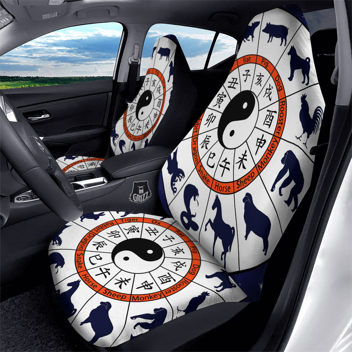 Chinese Zodiac Signs Yin Yang Print Car Seat Covers-grizzshop
