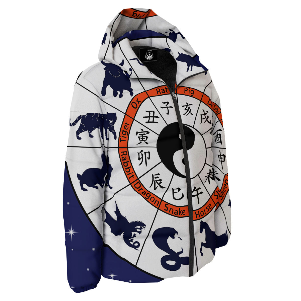 Chinese Zodiac Signs Yin Yang Print Down Jacket-grizzshop
