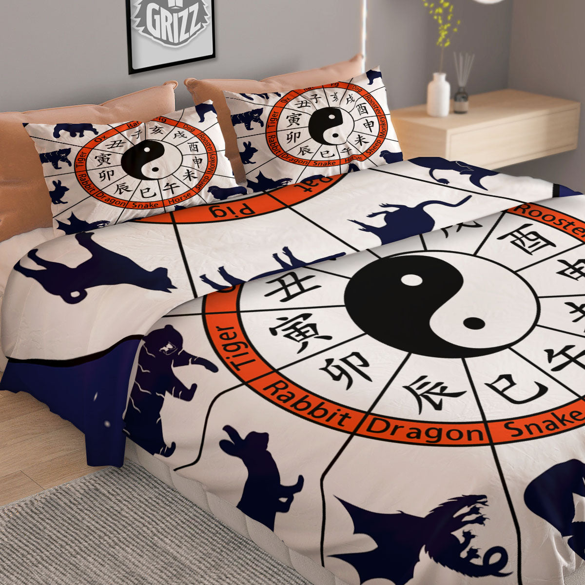 Chinese Zodiac Signs Yin Yang Print Duvet Cover Bedding Set