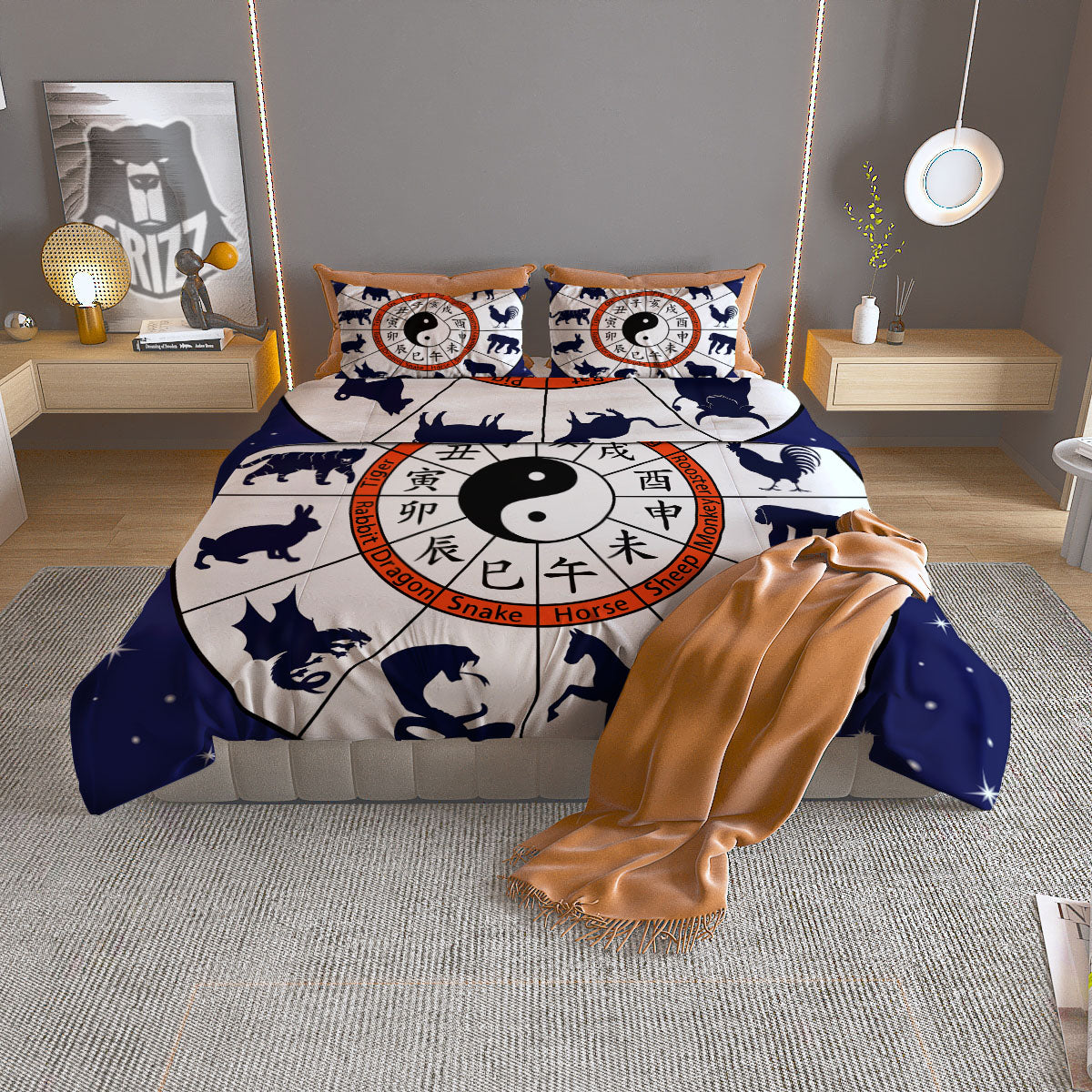 Chinese Zodiac Signs Yin Yang Print Duvet Cover Bedding Set