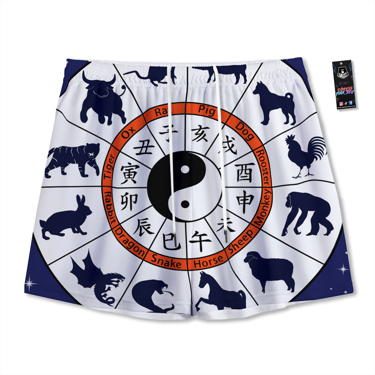 Chinese Zodiac Signs Yin Yang Print Mesh Shorts