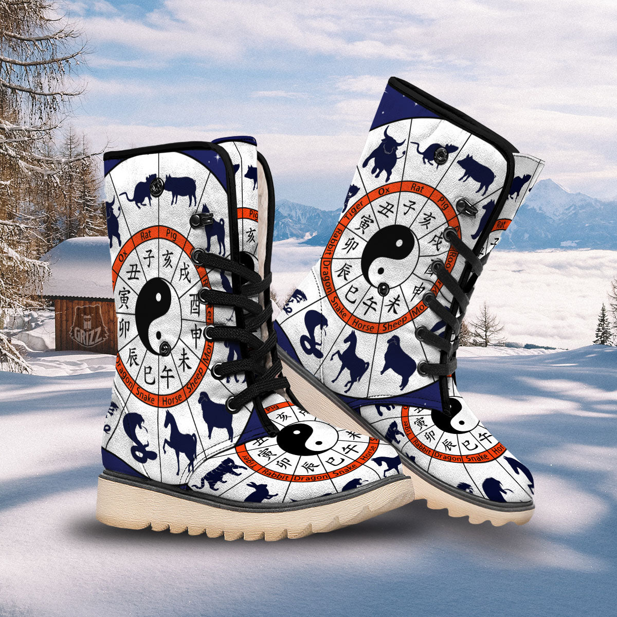 Chinese Zodiac Signs Yin Yang Print Snow Boots-grizzshop