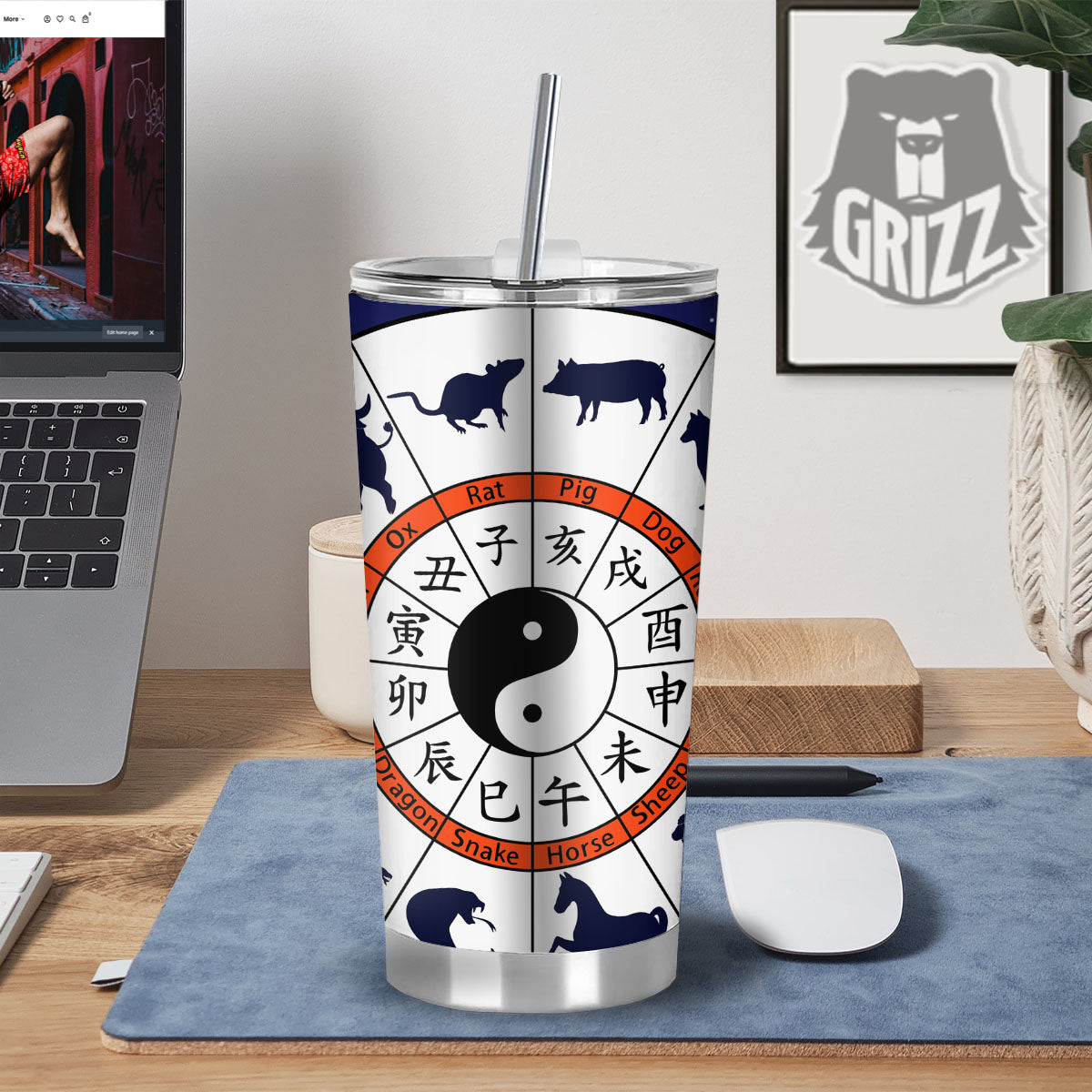 Chinese Zodiac Signs Yin Yang Print Tumbler-grizzshop