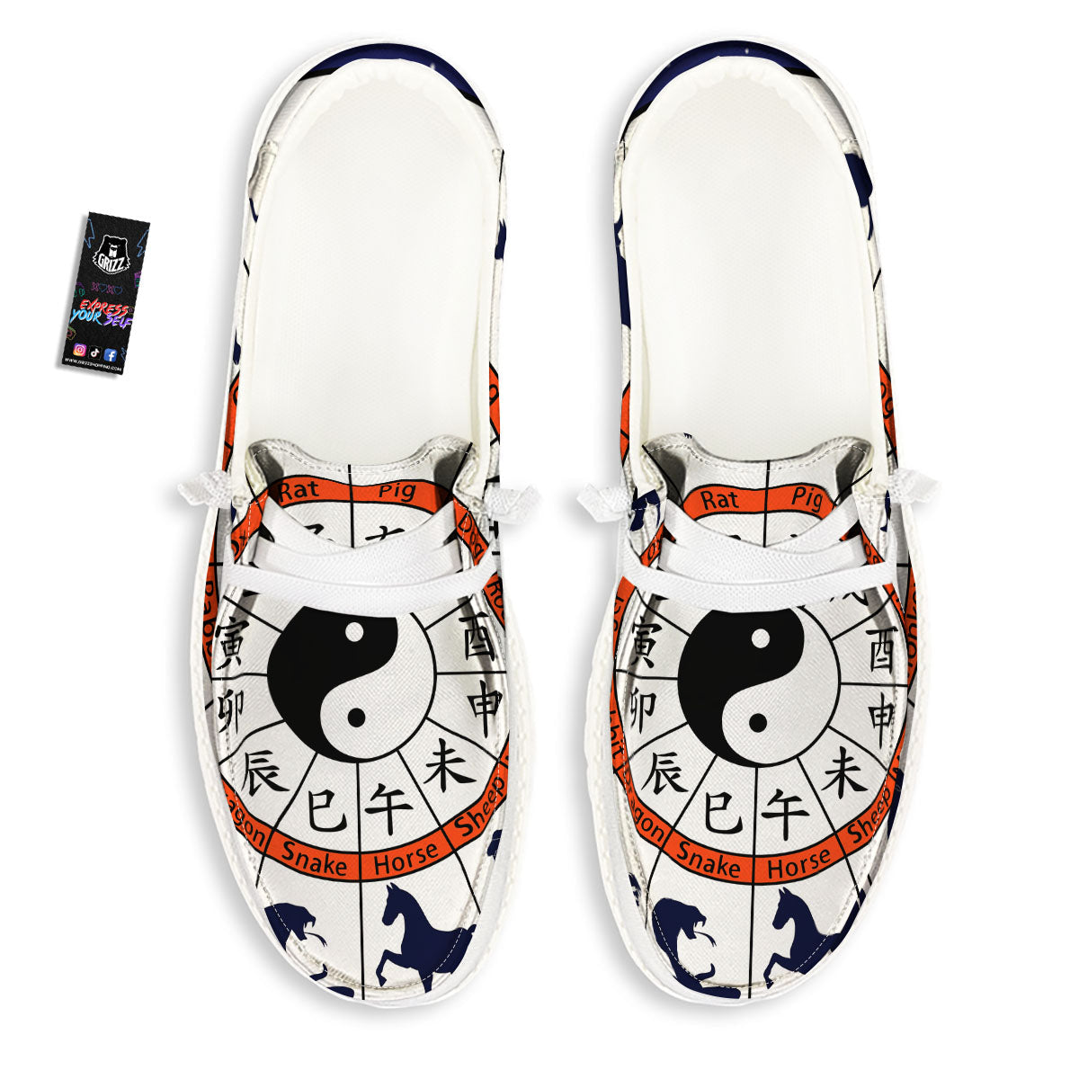Chinese Zodiac Signs Yin Yang Print White Loafers-grizzshop