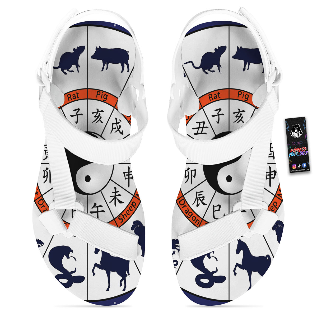 Chinese Zodiac Signs Yin Yang Print White Open Toe Sandals-grizzshop