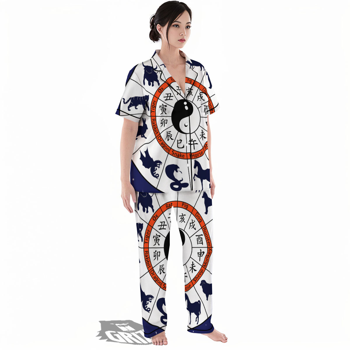 Chinese Zodiac Signs Yin Yang Print Women's Pajamas Set-grizzshop