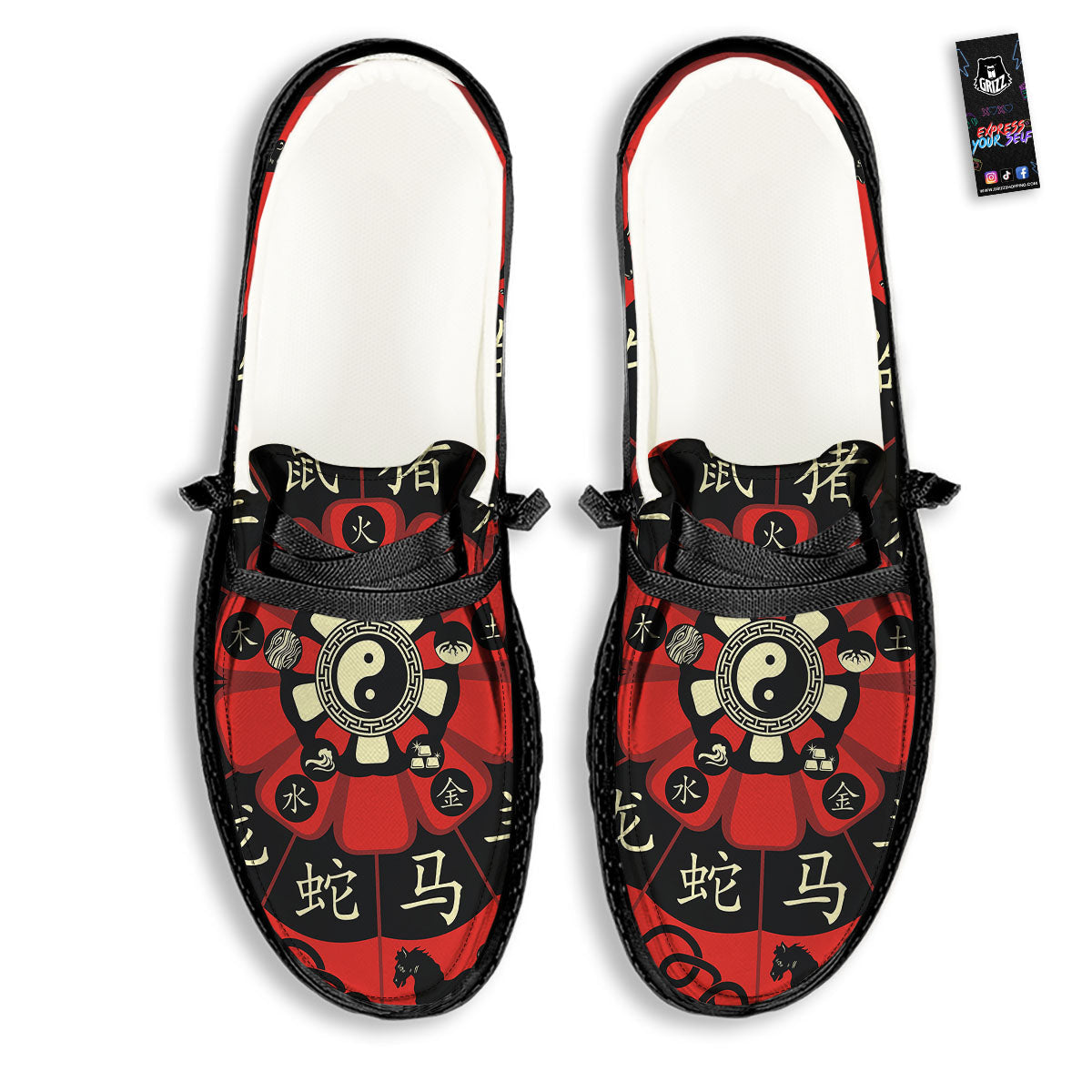 Chinese Zodiac Wheel Yin Yang Print Black Loafers-grizzshop