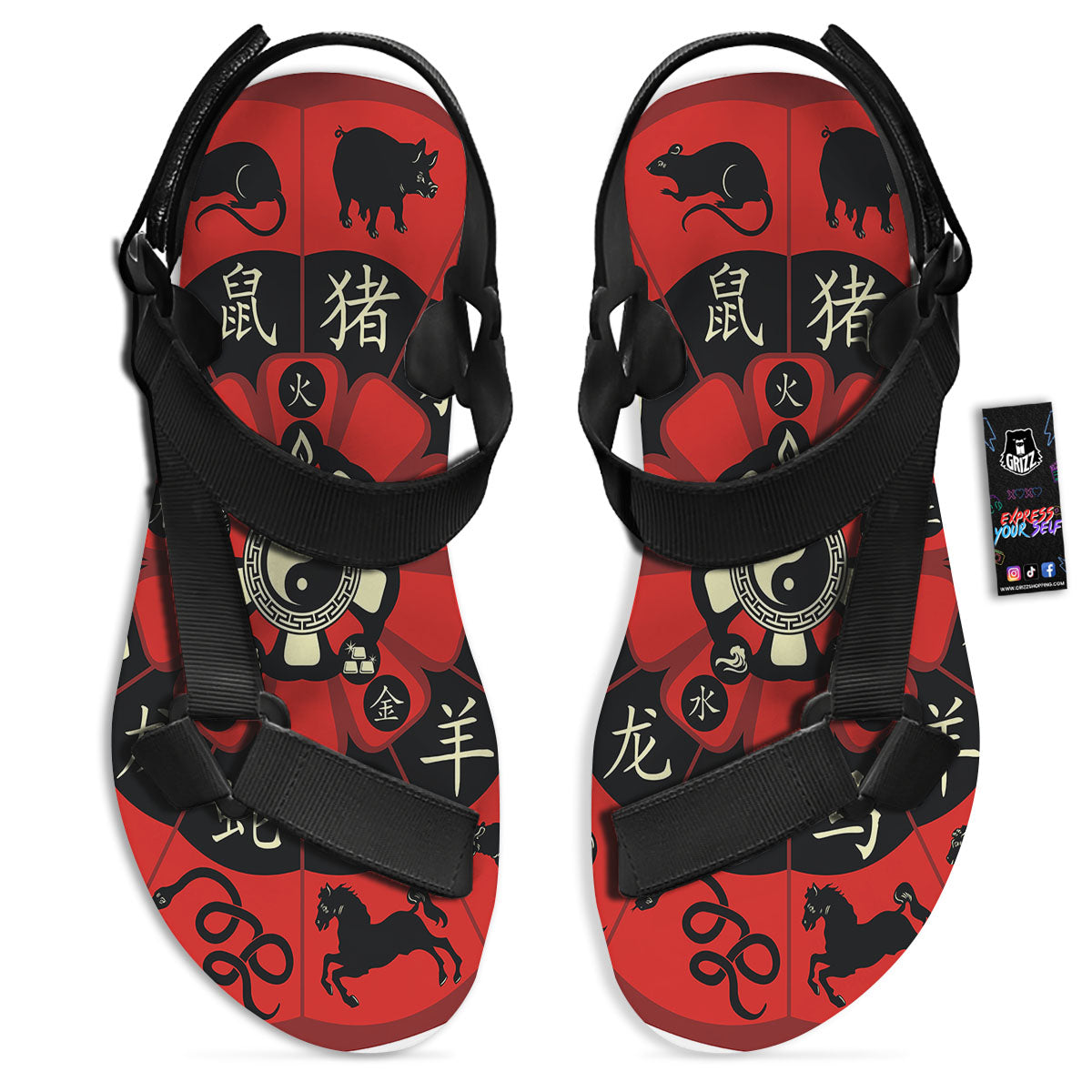 Chinese Zodiac Wheel Yin Yang Print Black Open Toe Sandals-grizzshop