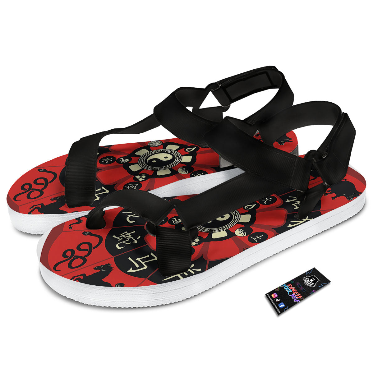 Chinese Zodiac Wheel Yin Yang Print Black Open Toe Sandals-grizzshop