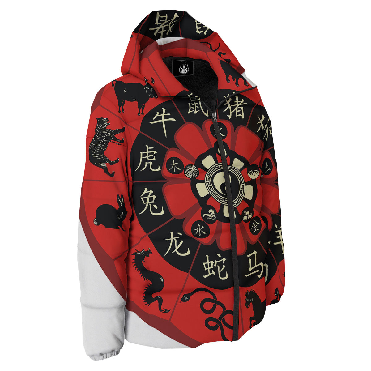 Chinese Zodiac Wheel Yin Yang Print Down Jacket-grizzshop