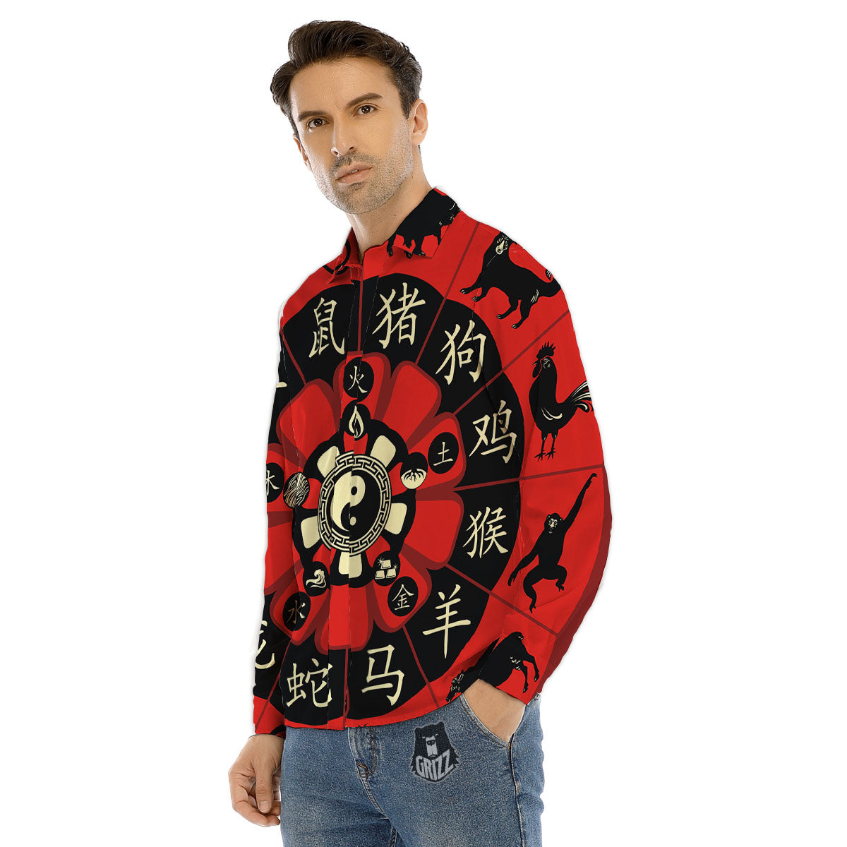 Chinese Zodiac Wheel Yin Yang Print Men's Dress Shirts-grizzshop