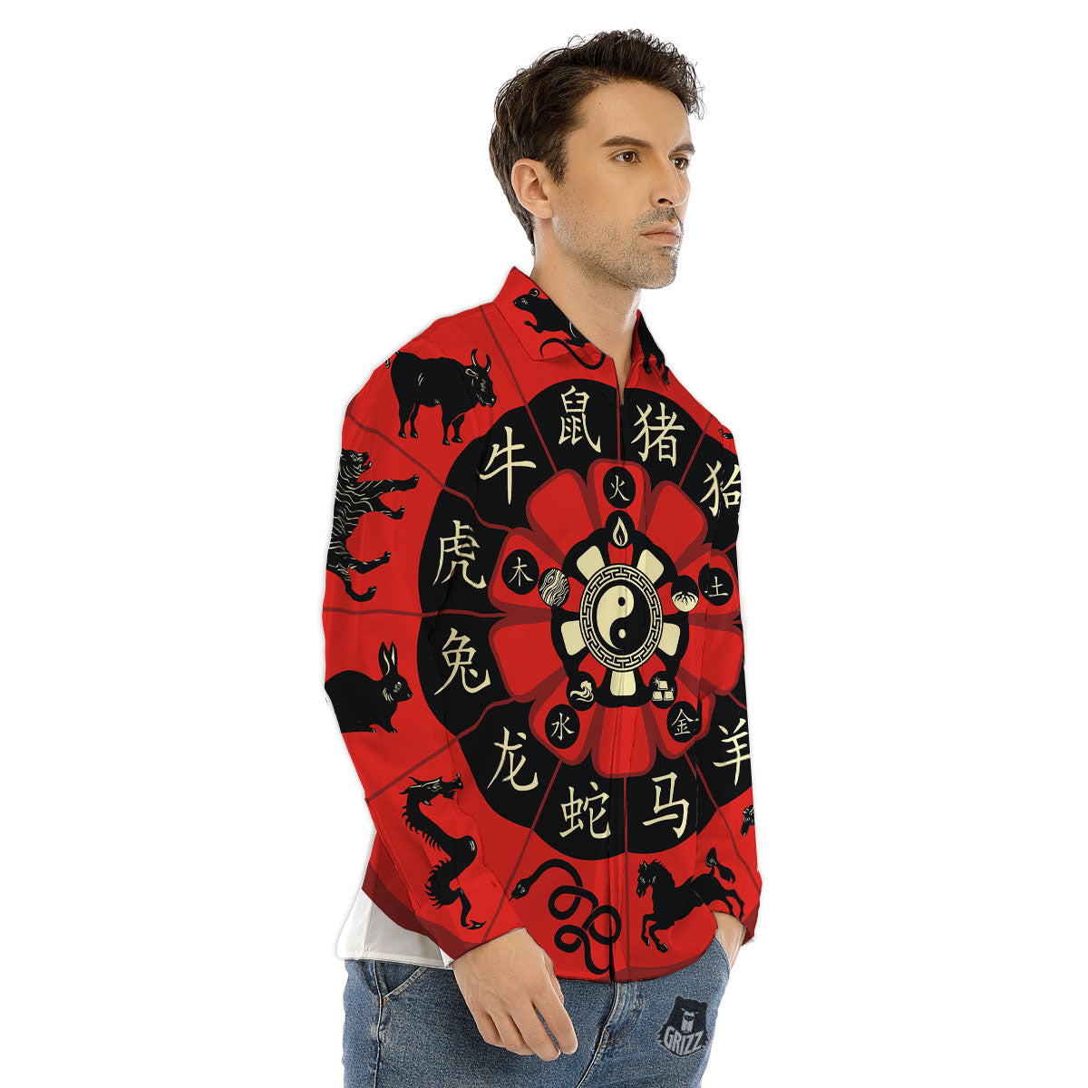 Chinese Zodiac Wheel Yin Yang Print Men's Dress Shirts-grizzshop