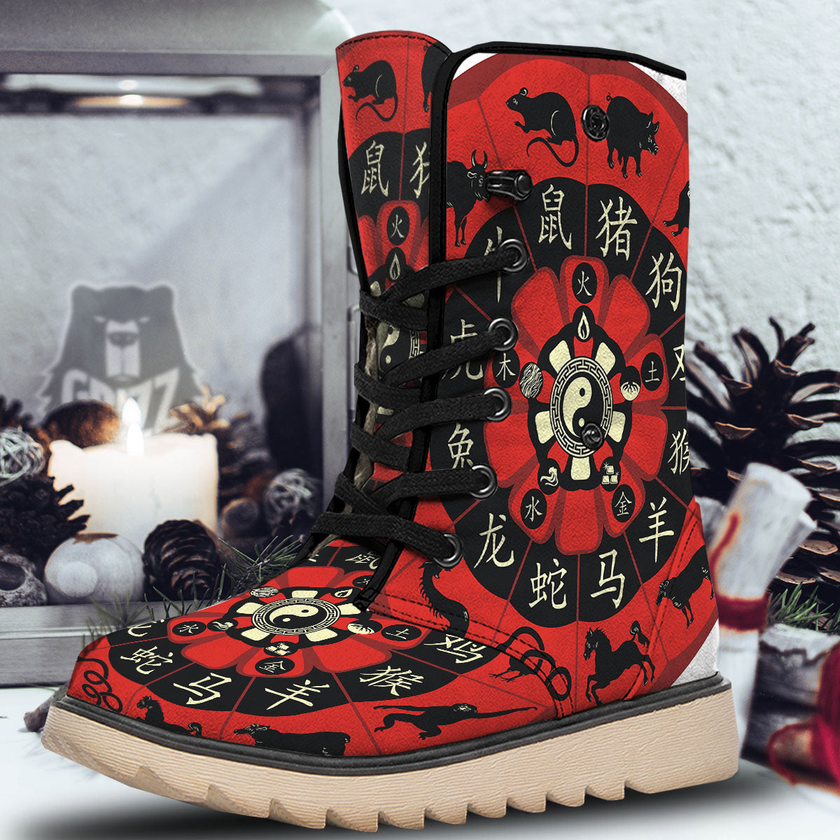 Chinese Zodiac Wheel Yin Yang Print Snow Boots-grizzshop