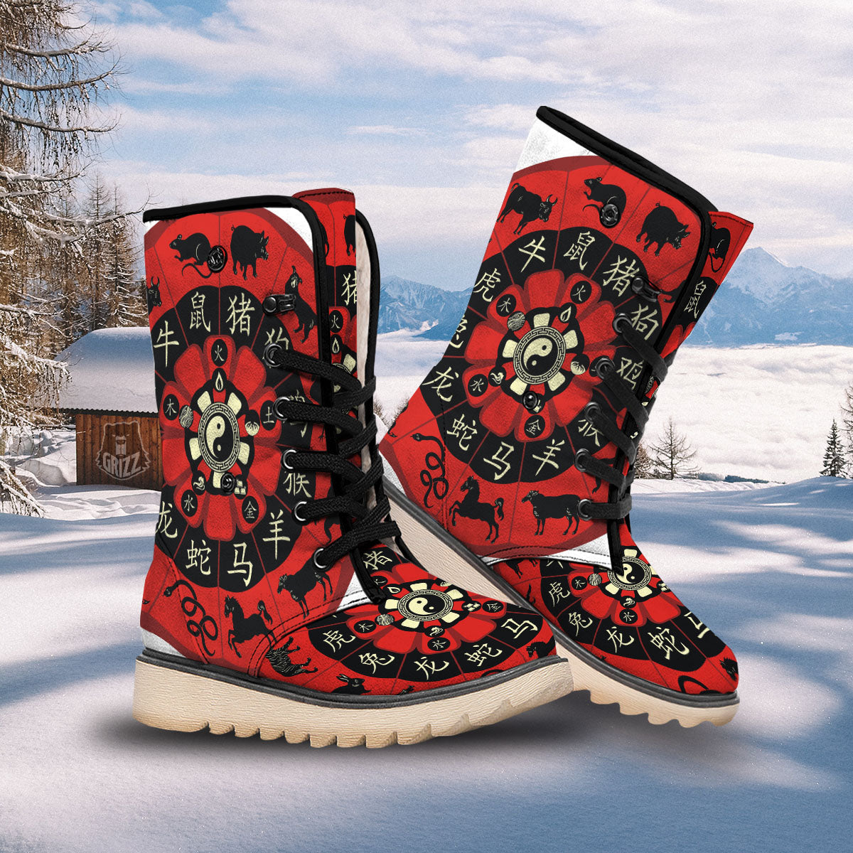 Chinese Zodiac Wheel Yin Yang Print Snow Boots-grizzshop