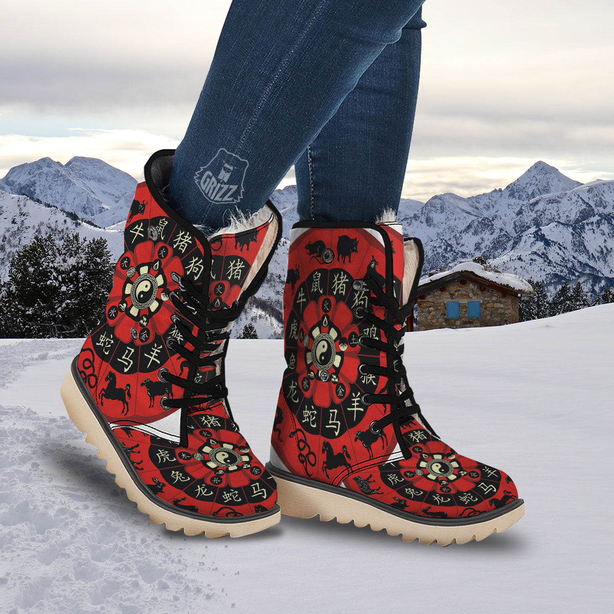 Chinese Zodiac Wheel Yin Yang Print Snow Boots-grizzshop
