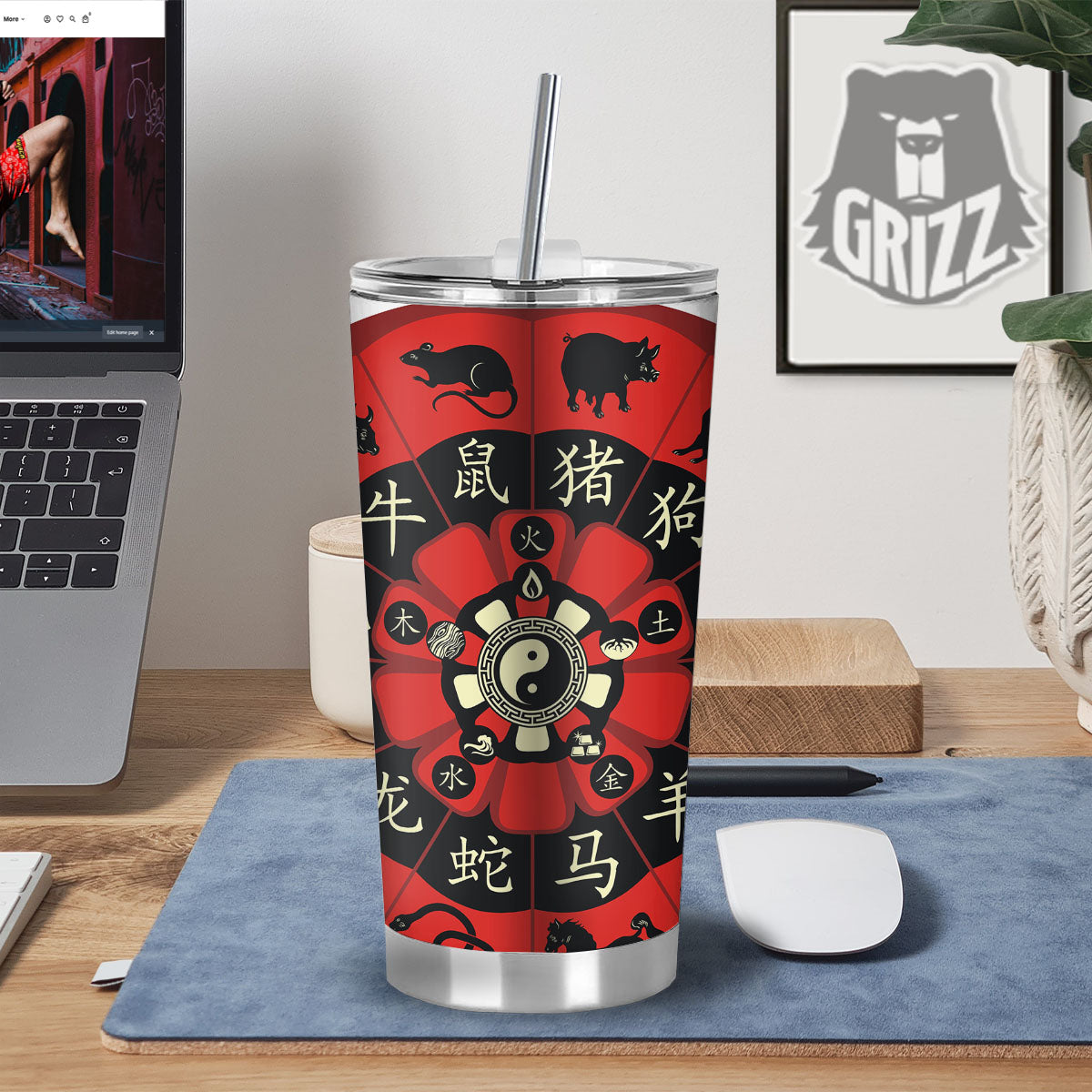 Chinese Zodiac Wheel Yin Yang Print Tumbler-grizzshop