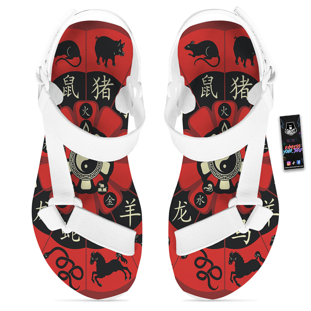Chinese Zodiac Wheel Yin Yang Print White Open Toe Sandals-grizzshop