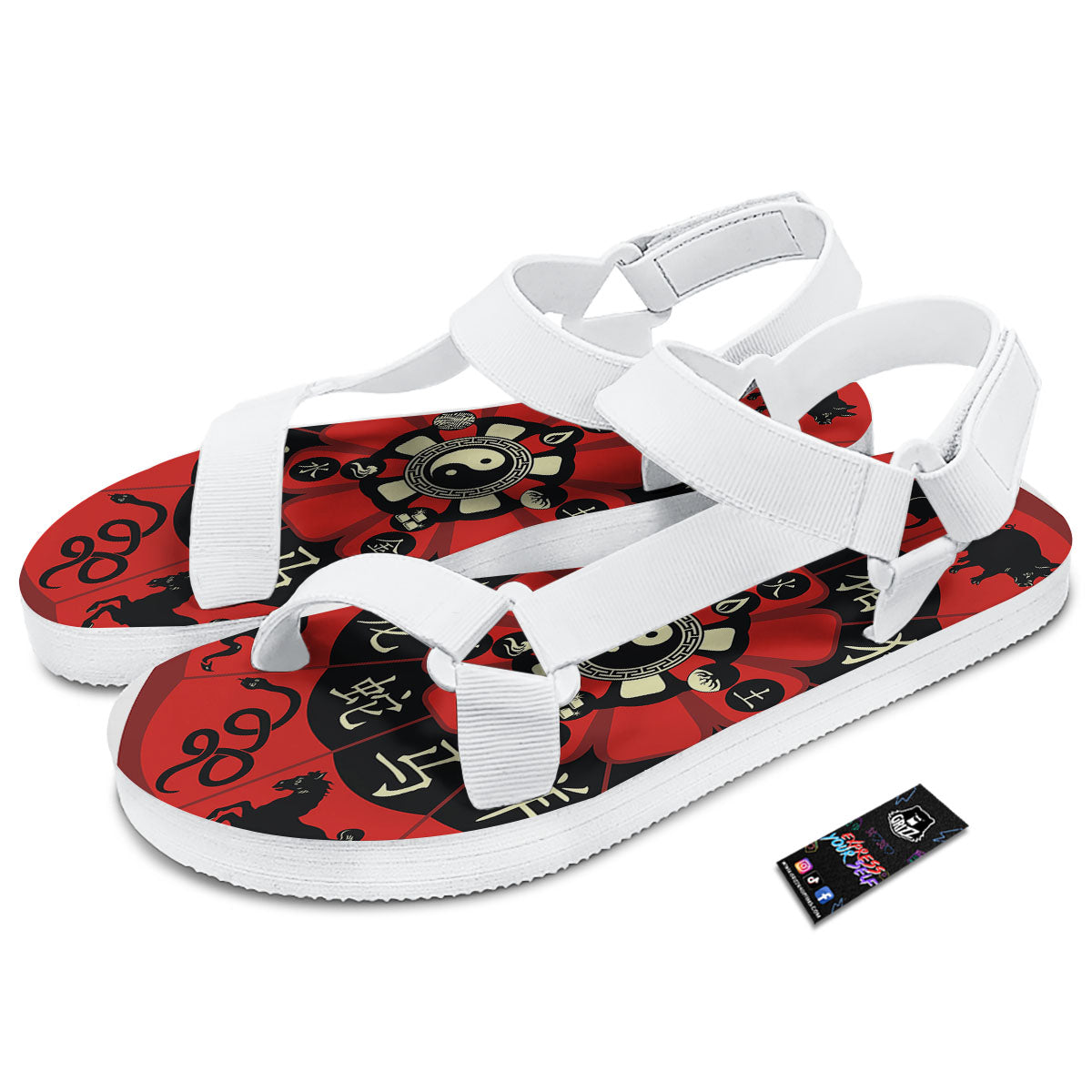 Chinese Zodiac Wheel Yin Yang Print White Open Toe Sandals-grizzshop