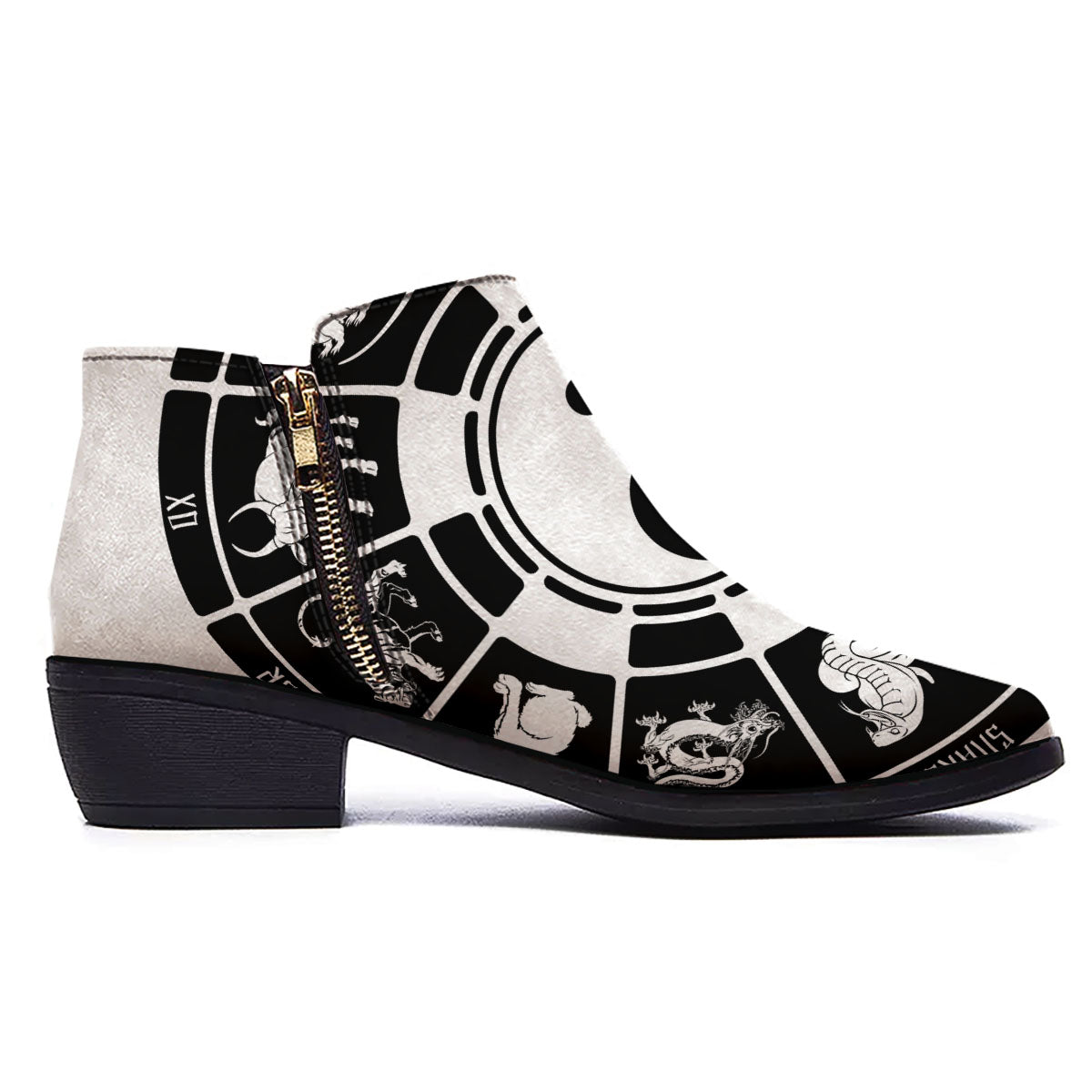 Chinese Zodiac White And Black Print Ankle Boots-grizzshop