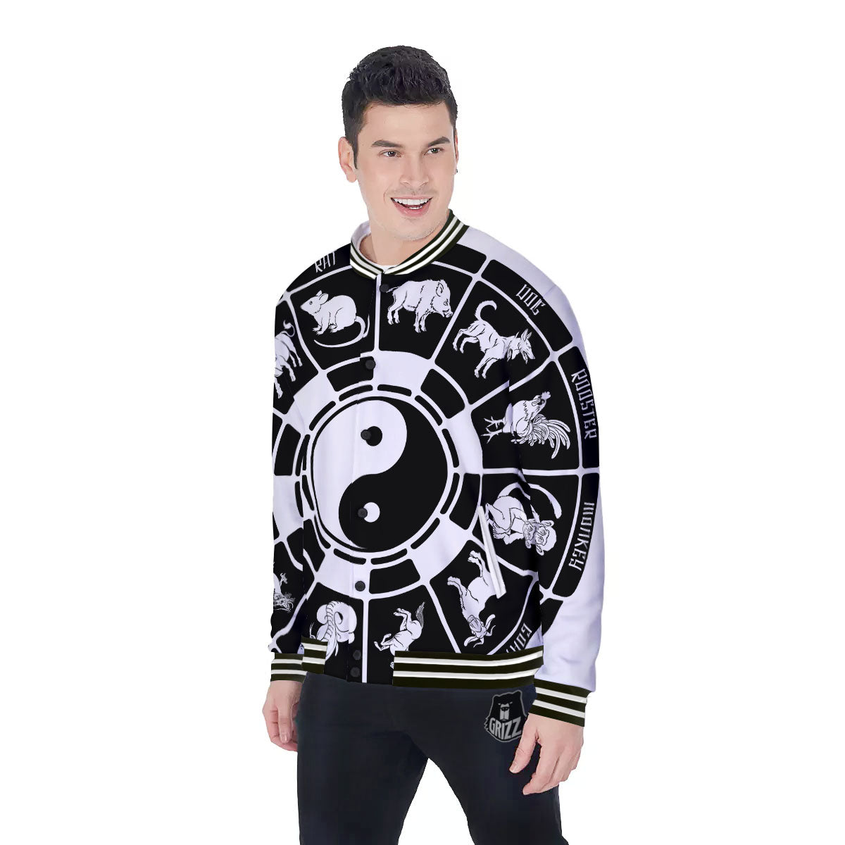 Chinese Zodiac White And Black Print Baseball Jacket-grizzshop