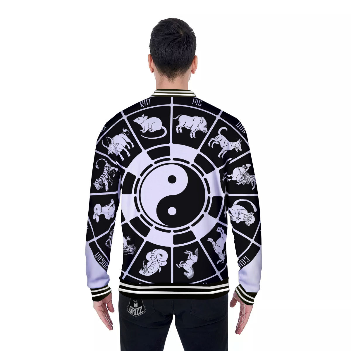 Chinese Zodiac White And Black Print Baseball Jacket-grizzshop