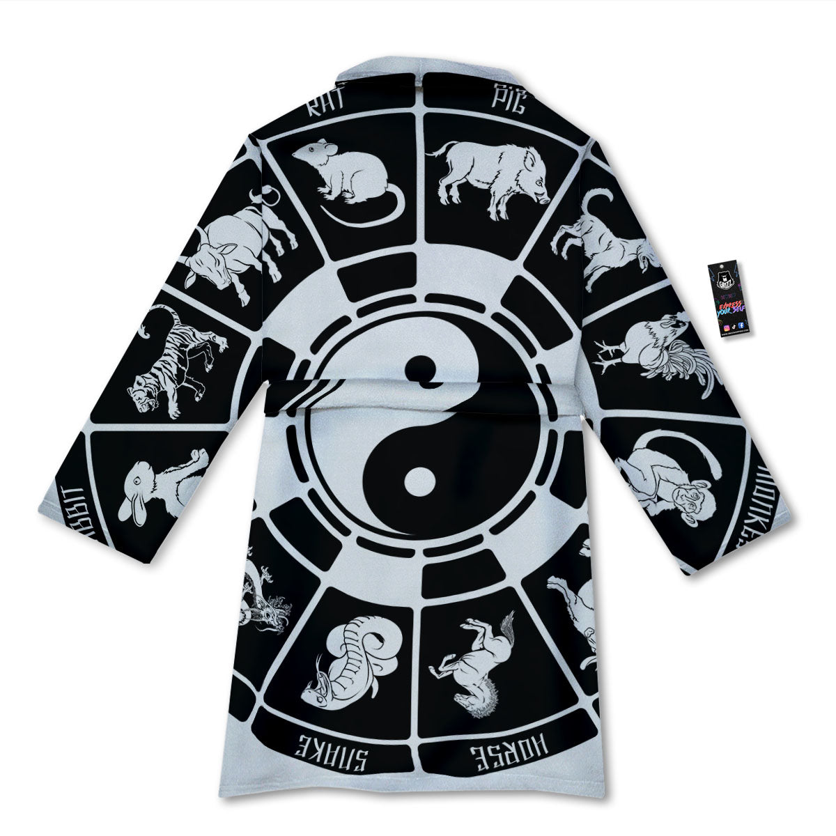 Chinese Zodiac White And Black Print Bathrobe-grizzshop