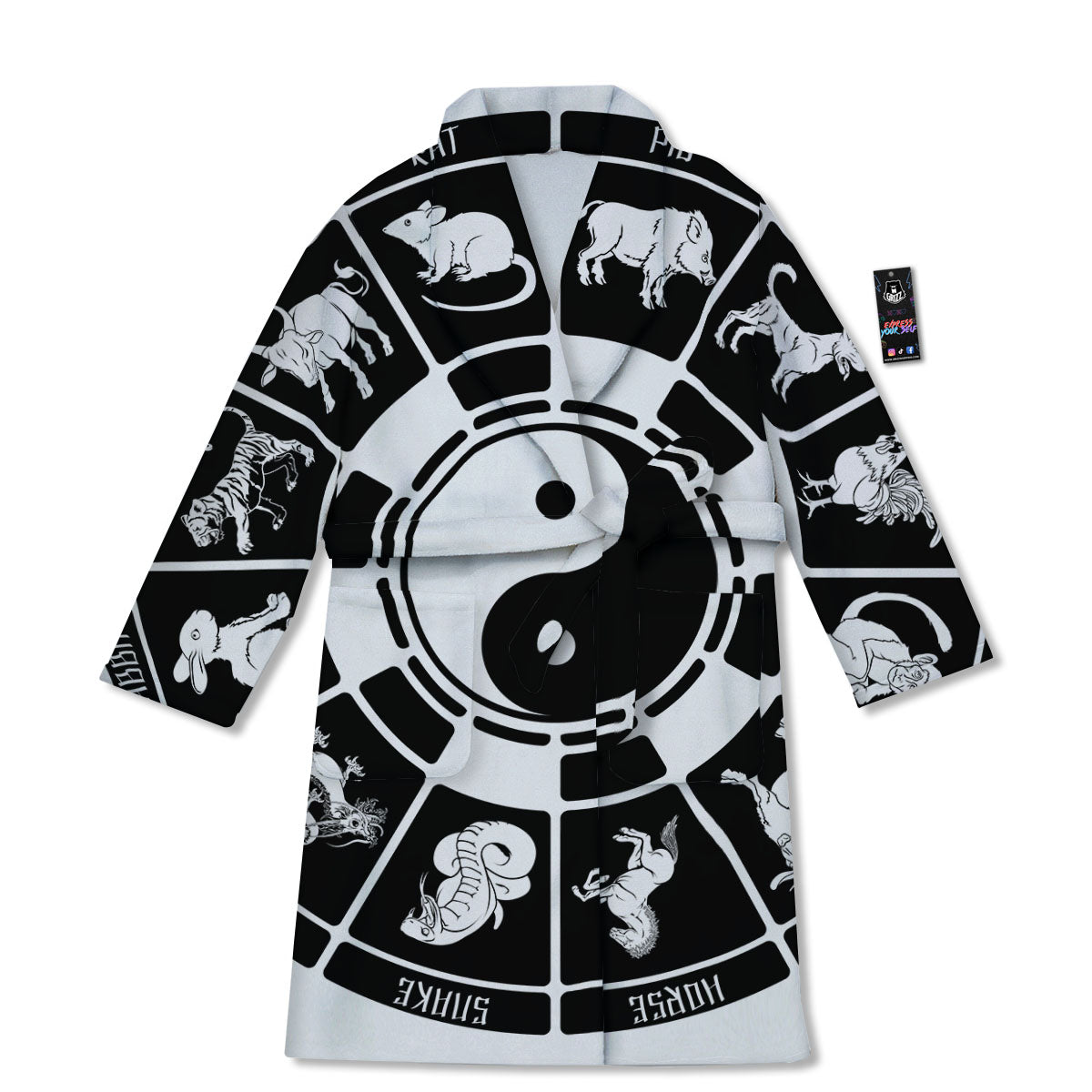Chinese Zodiac White And Black Print Bathrobe-grizzshop