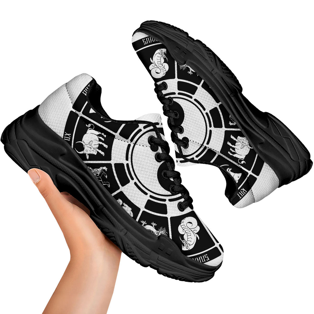 Chinese Zodiac White And Black Print Black Chunky Shoes-grizzshop