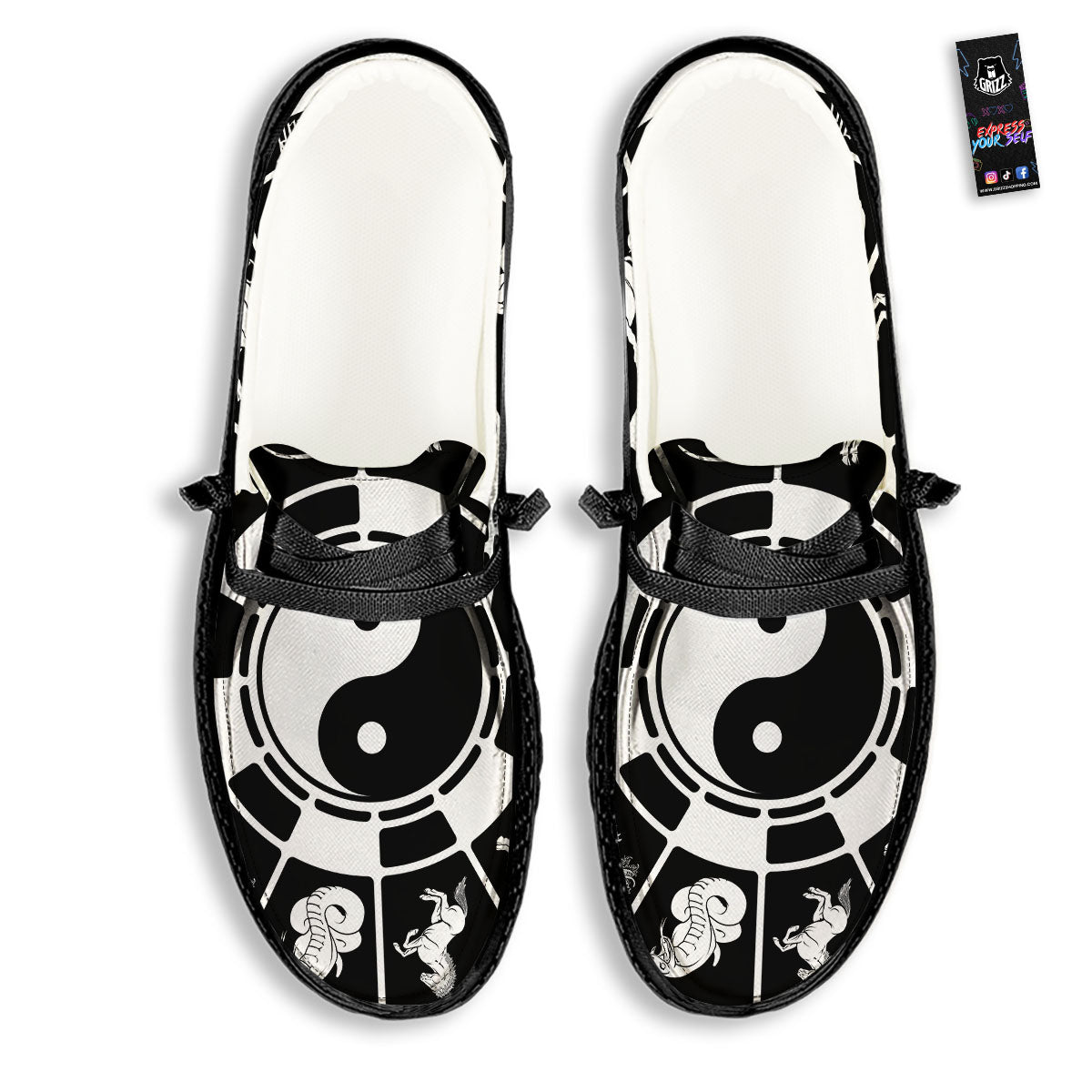 Chinese Zodiac White And Black Print Black Loafers-grizzshop