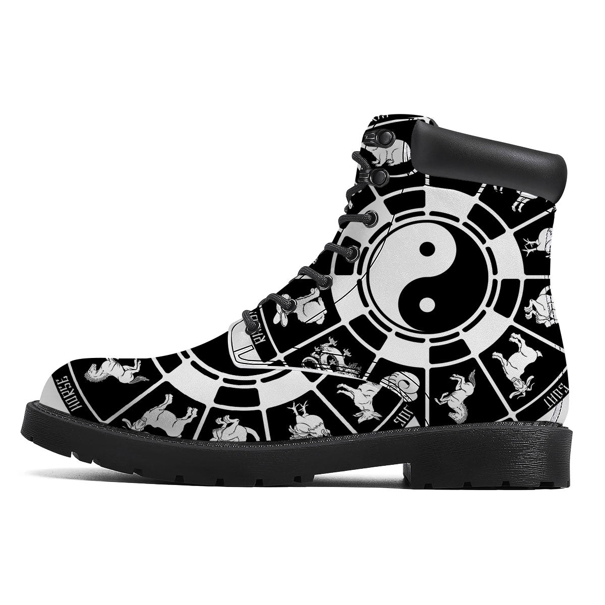 Chinese Zodiac White And Black Print Boots-grizzshop