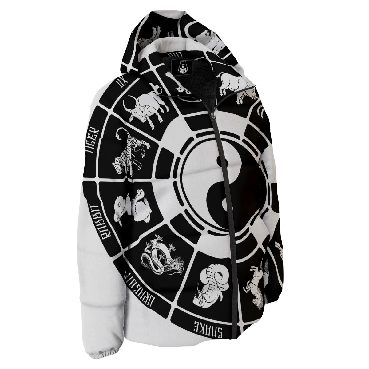 Chinese Zodiac White And Black Print Down Jacket-grizzshop