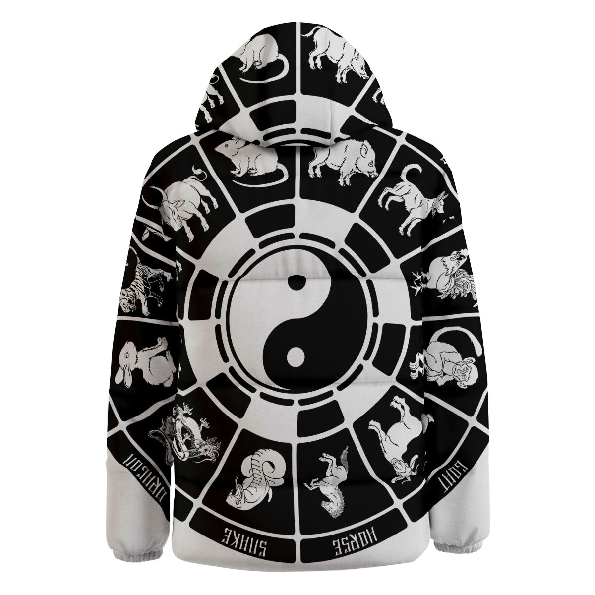 Chinese Zodiac White And Black Print Down Jacket-grizzshop