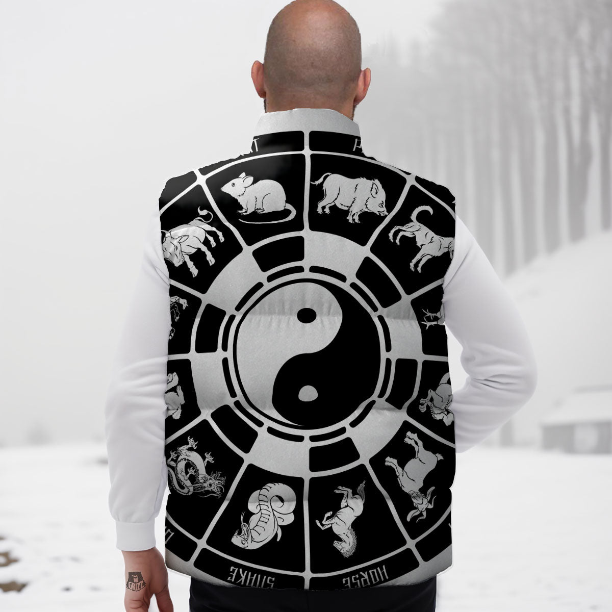 Chinese Zodiac White And Black Print Down Vest