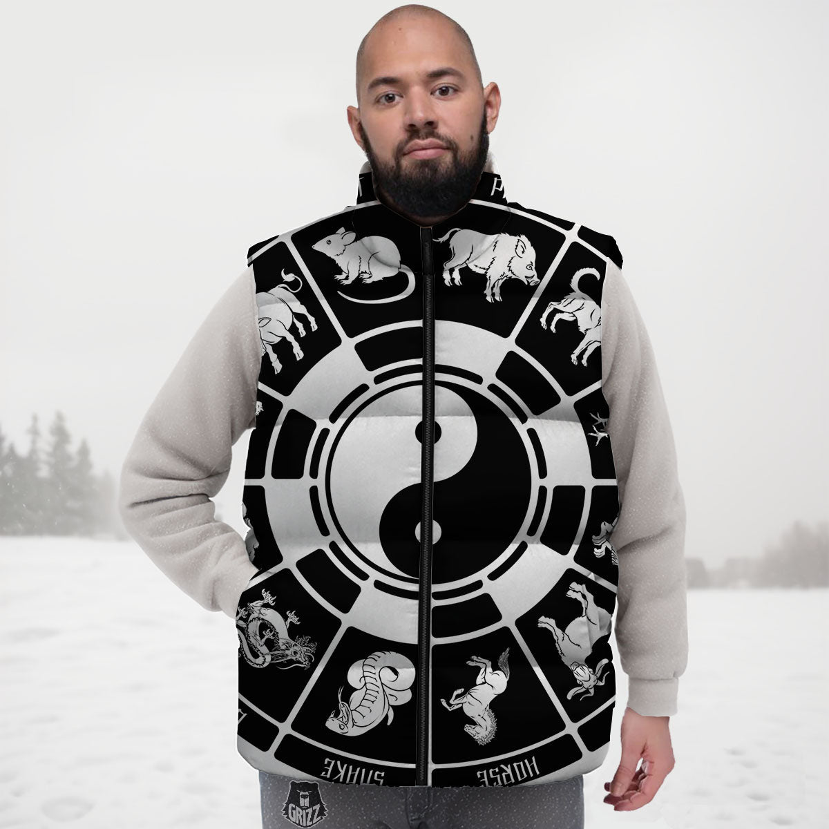 Chinese Zodiac White And Black Print Down Vest