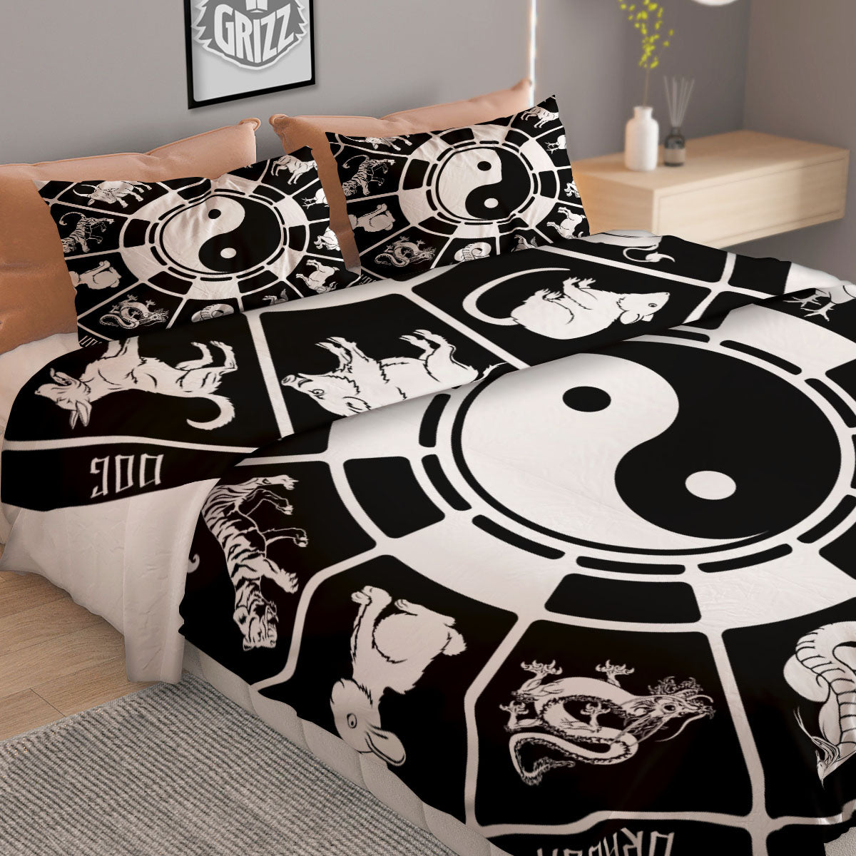 Chinese Zodiac White And Black Print Duvet Cover Bedding Set