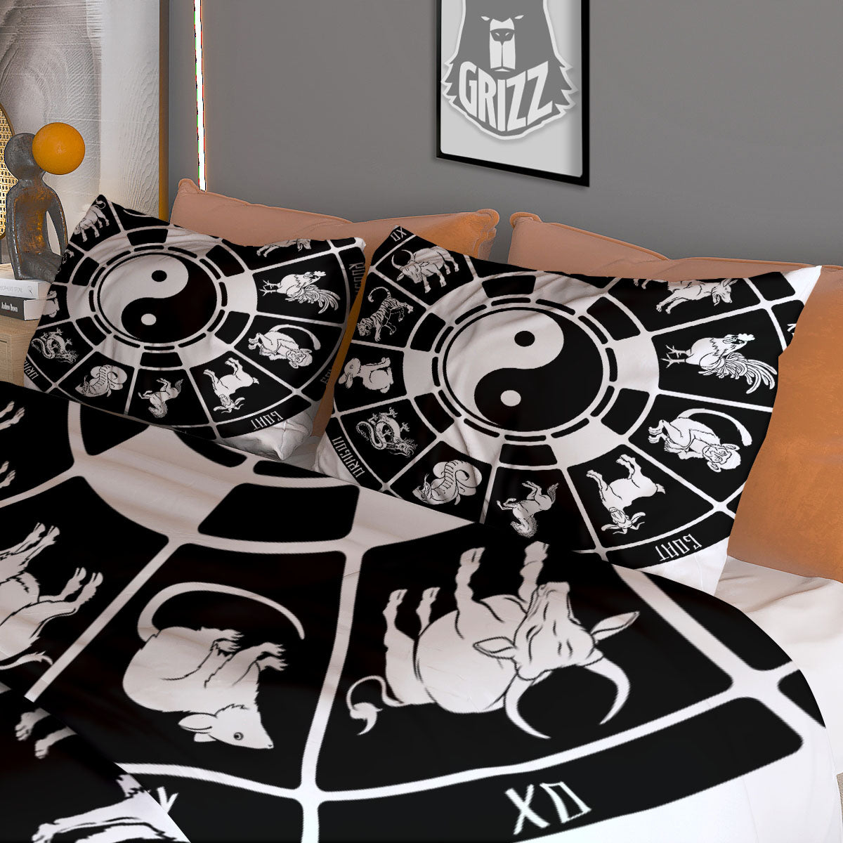Chinese Zodiac White And Black Print Duvet Cover Bedding Set