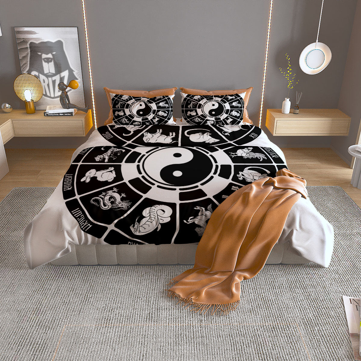 Chinese Zodiac White And Black Print Duvet Cover Bedding Set