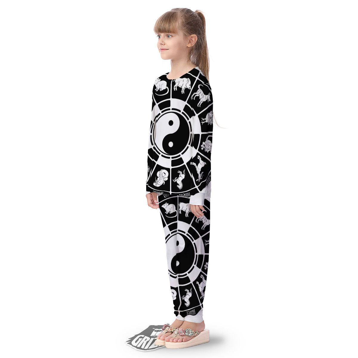 Chinese Zodiac White And Black Print Kid's Pajamas-grizzshop