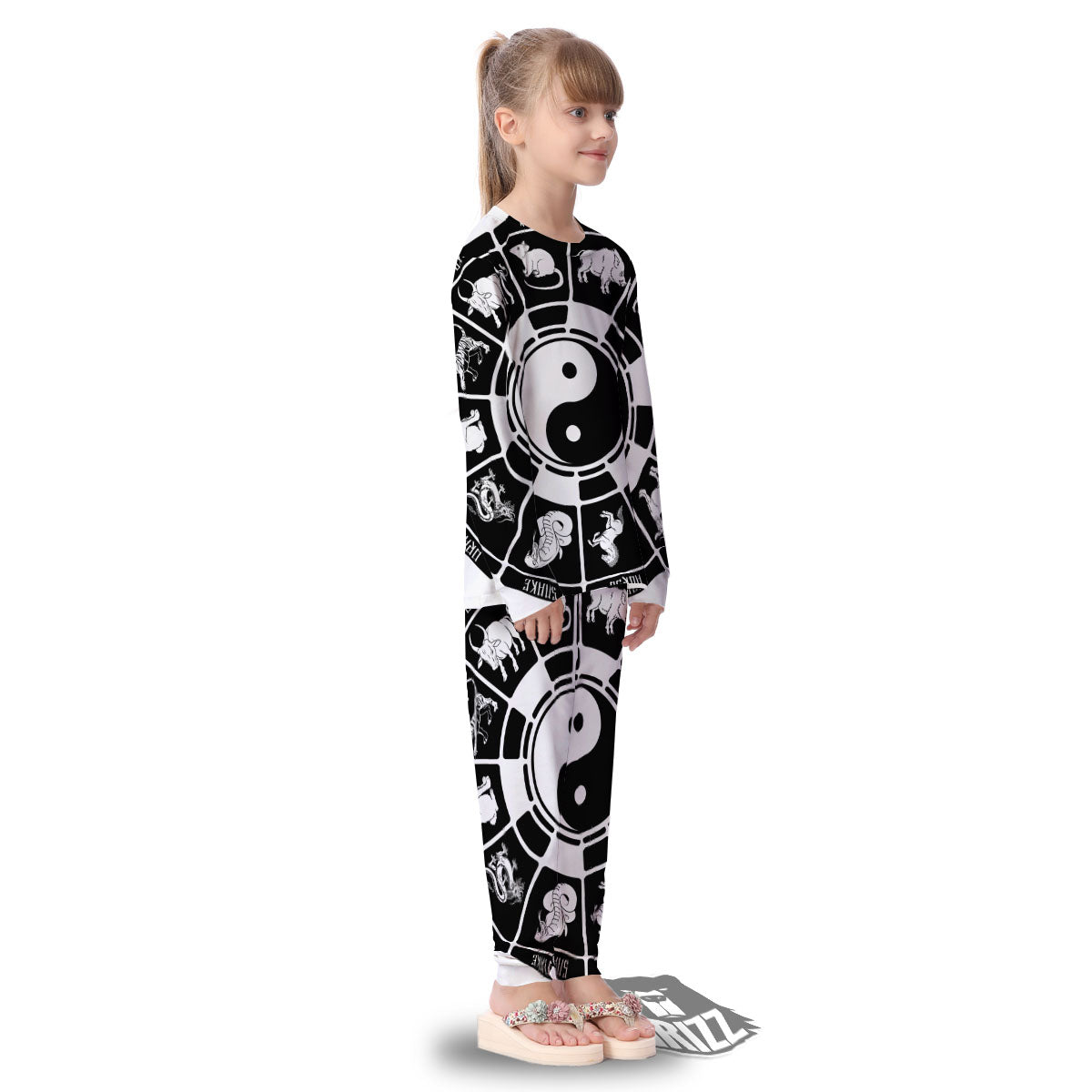 Chinese Zodiac White And Black Print Kid's Pajamas-grizzshop