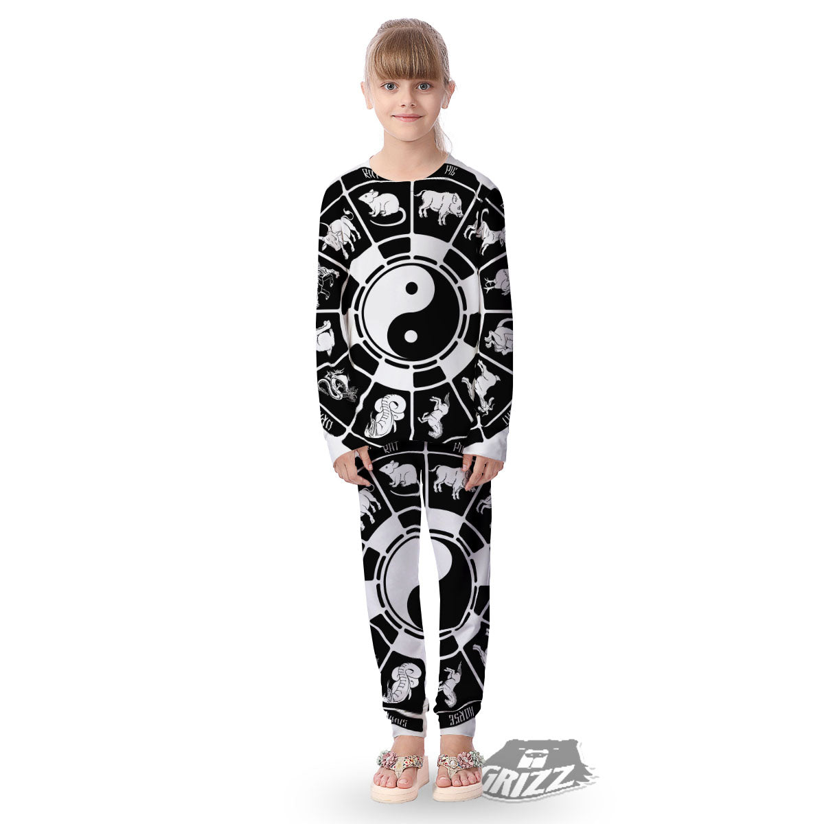 Chinese Zodiac White And Black Print Kid's Pajamas-grizzshop