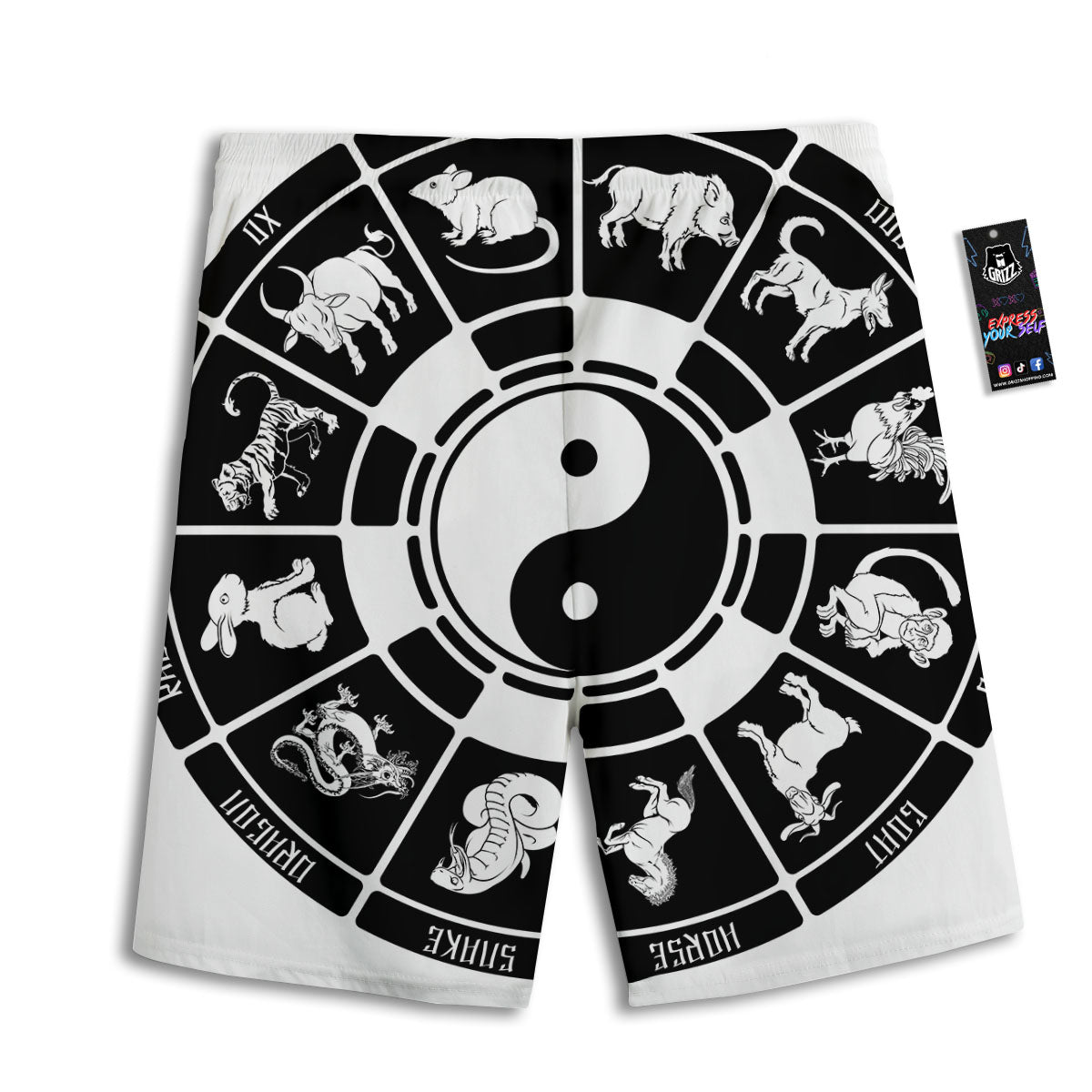 Chinese Zodiac White And Black Print Men's Athletic Shorts