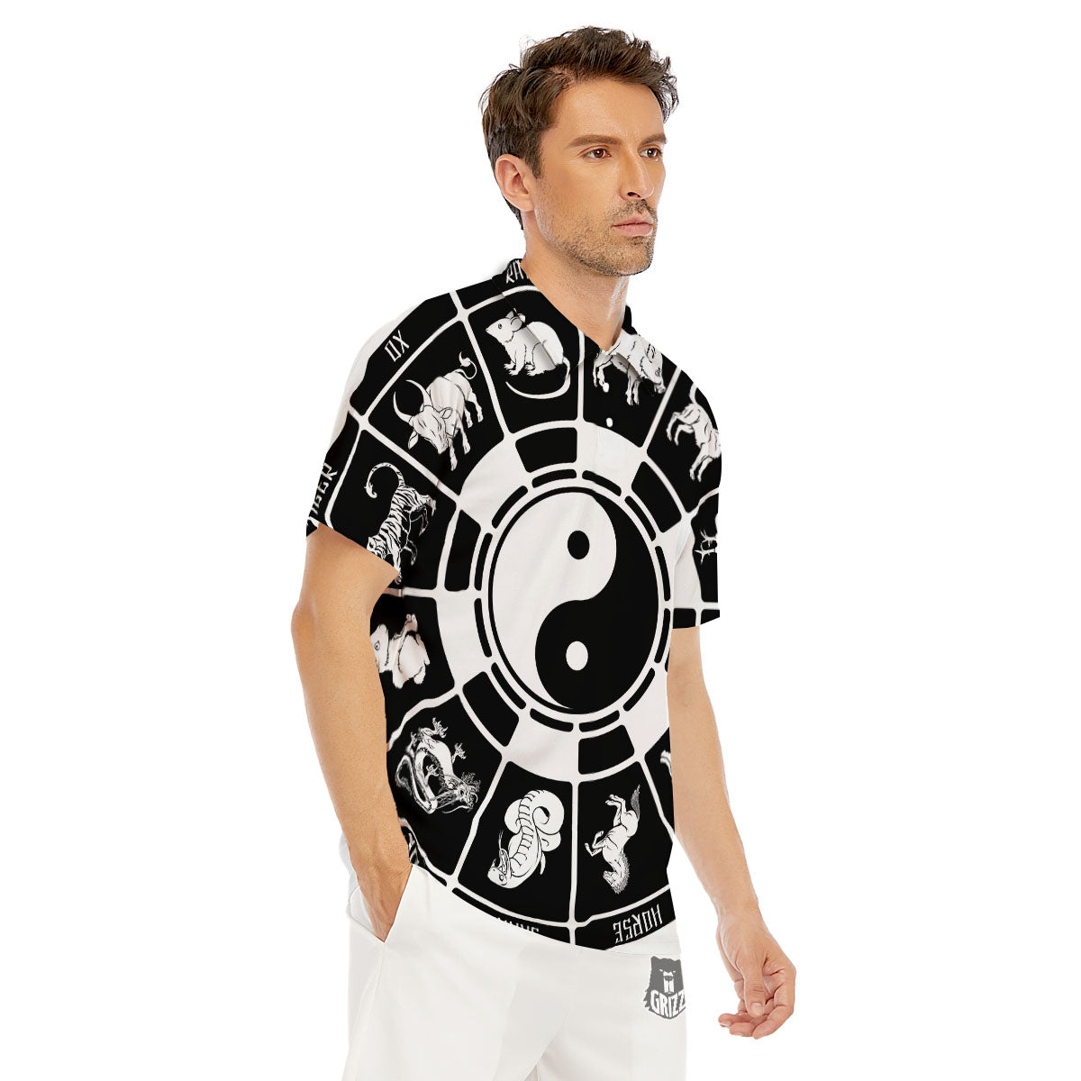 Chinese Zodiac White And Black Print Men's Golf Shirts-grizzshop