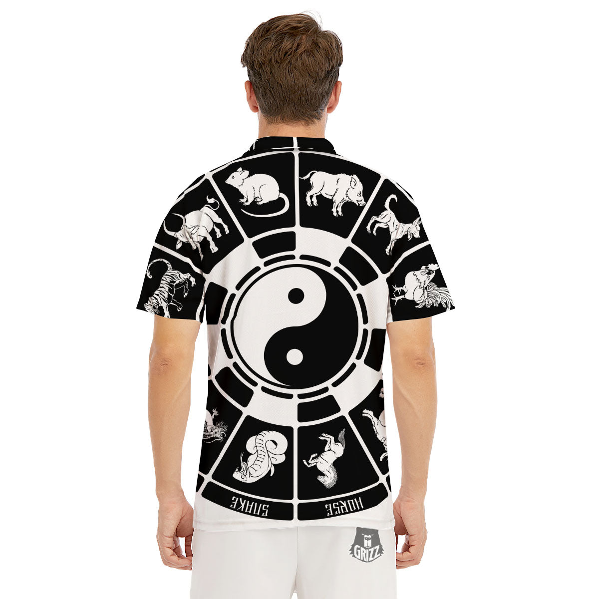 Chinese Zodiac White And Black Print Men's Golf Shirts-grizzshop