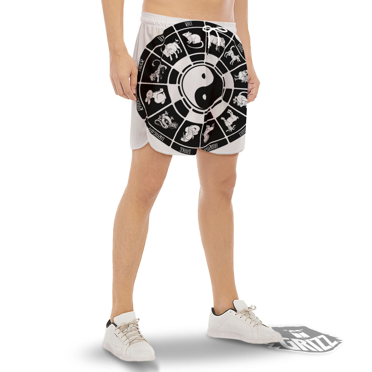 Chinese Zodiac White And Black Print Men's Gym Shorts-grizzshop